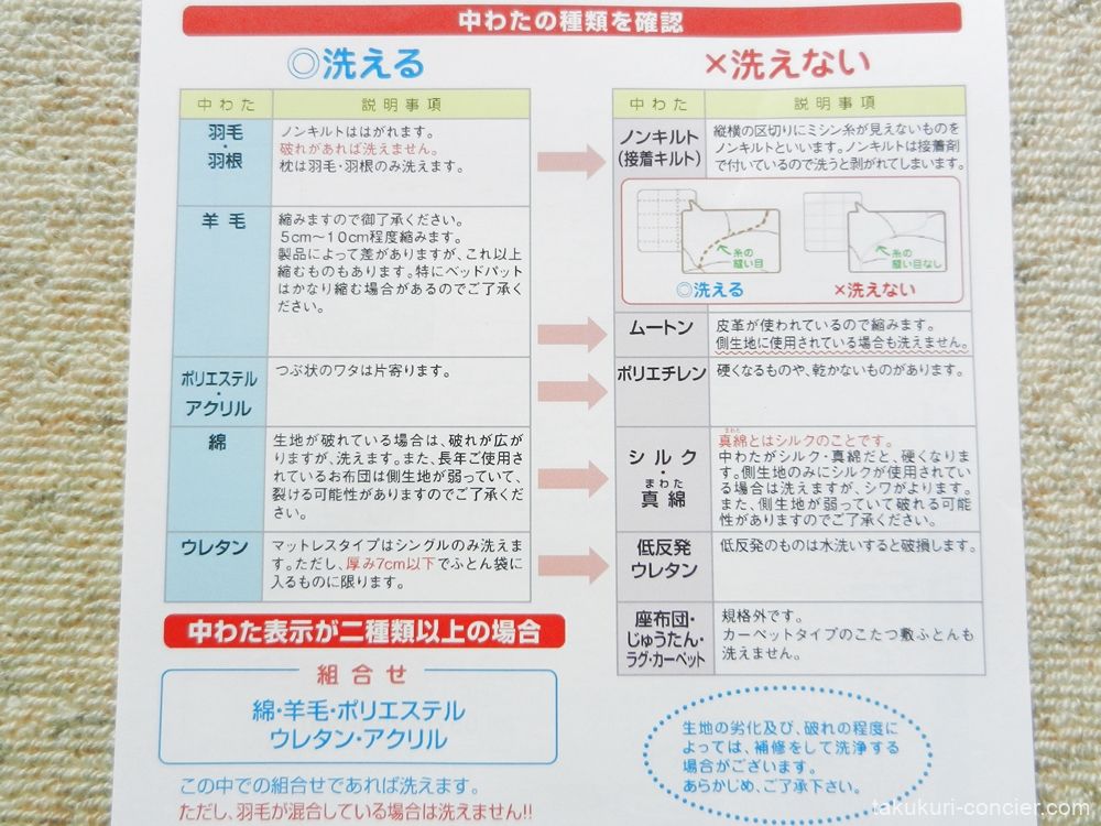 発送の手引き 洗える布団と洗えない布団の種類